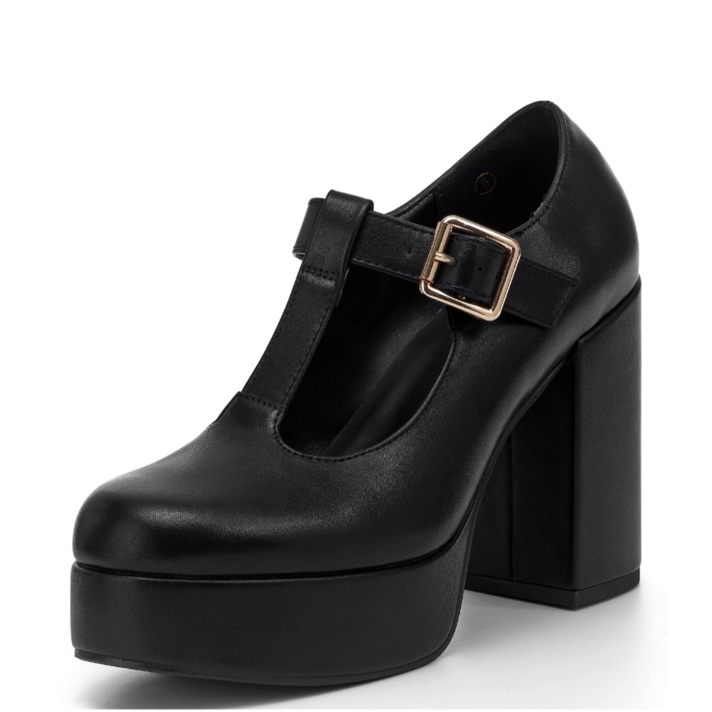 Y2K Vintage Black Platform Mary Jane Heels with Buckle - Size Womans 6 Wedge